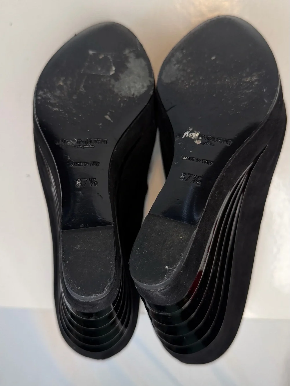 Yves Saint Laurent Black Suede Peep-Toe Mary Jane Wedges